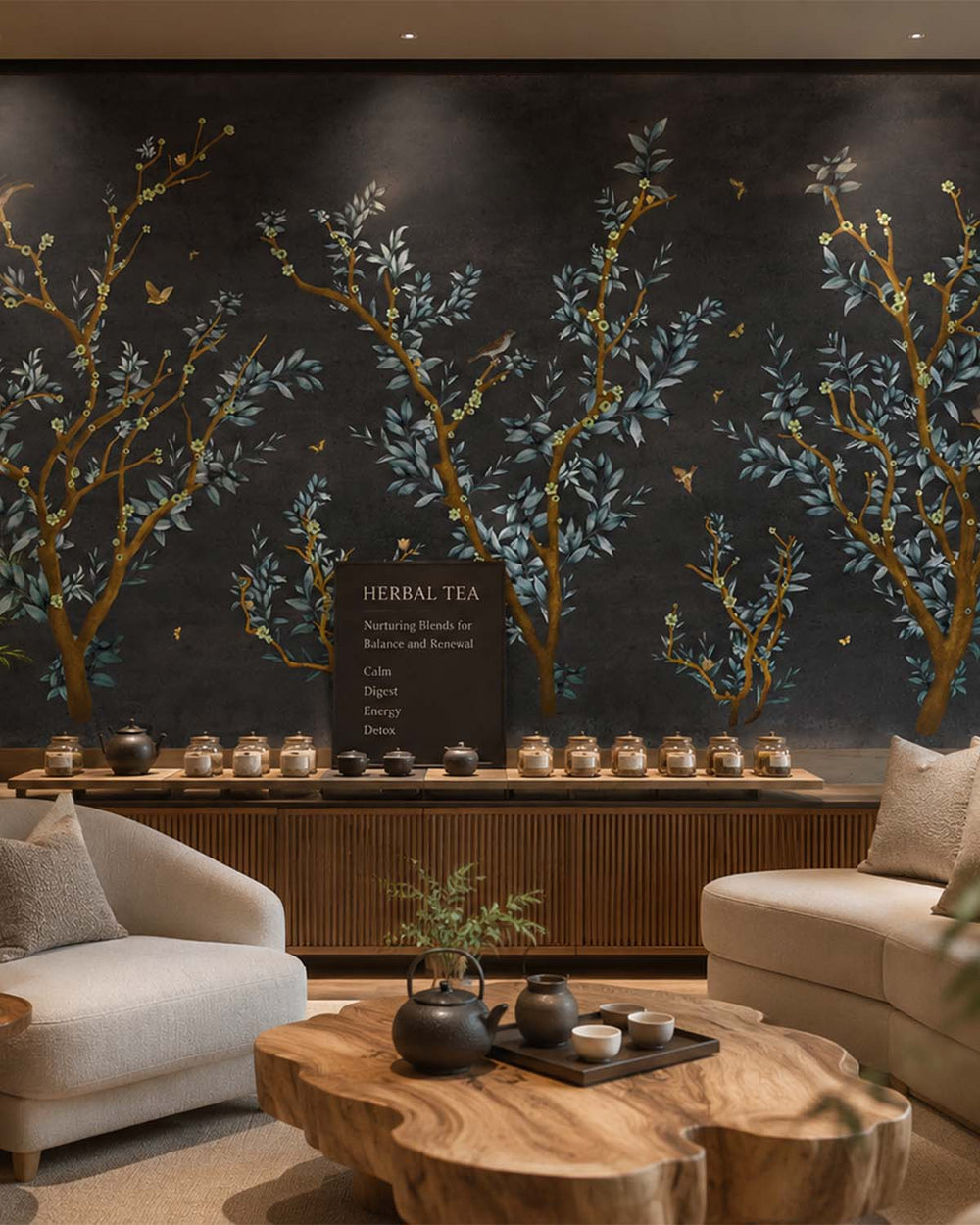 Black Tortoise Floral Chinoiserie Mural M2925- Sample