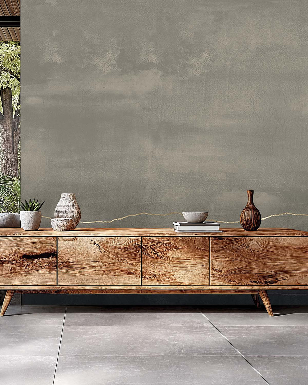 Grey Porcelain Mottled Stone and Stripes Mural M2930