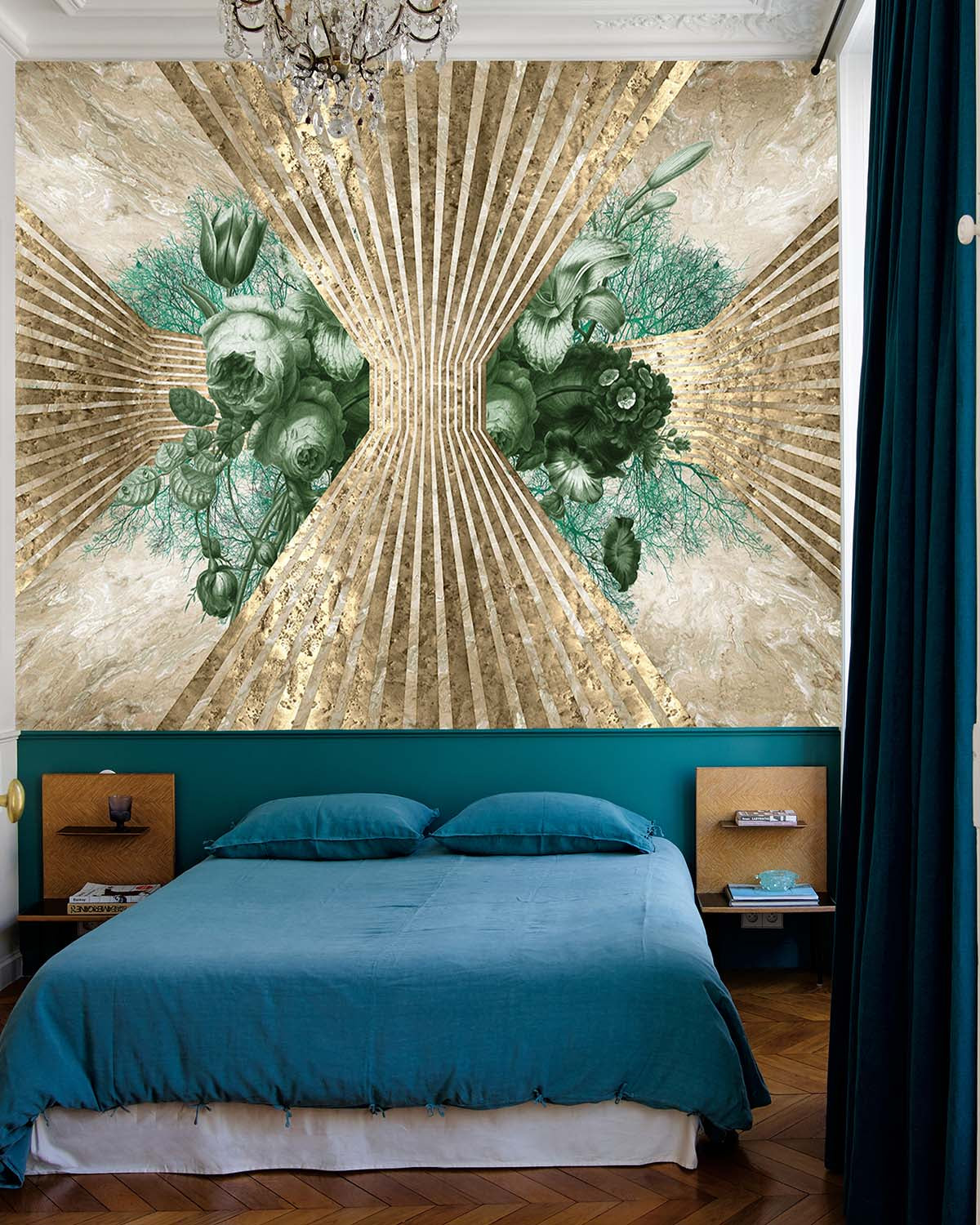 Myrtle Green Floral Art Deco Mural M2932