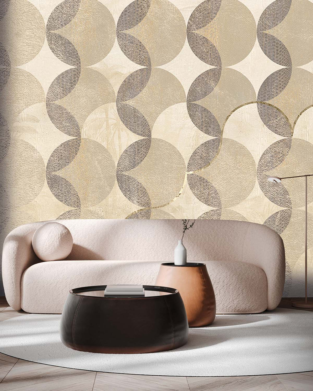 Elegant Ivory Distressed Geometric Arc Mural M2945- Sample