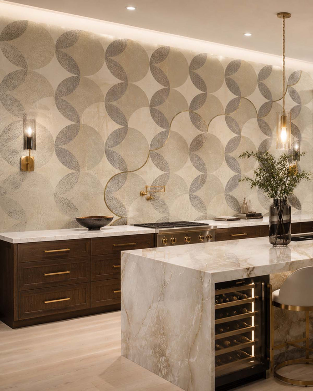 Elegant Ivory Distressed Geometric Arc Mural M2945