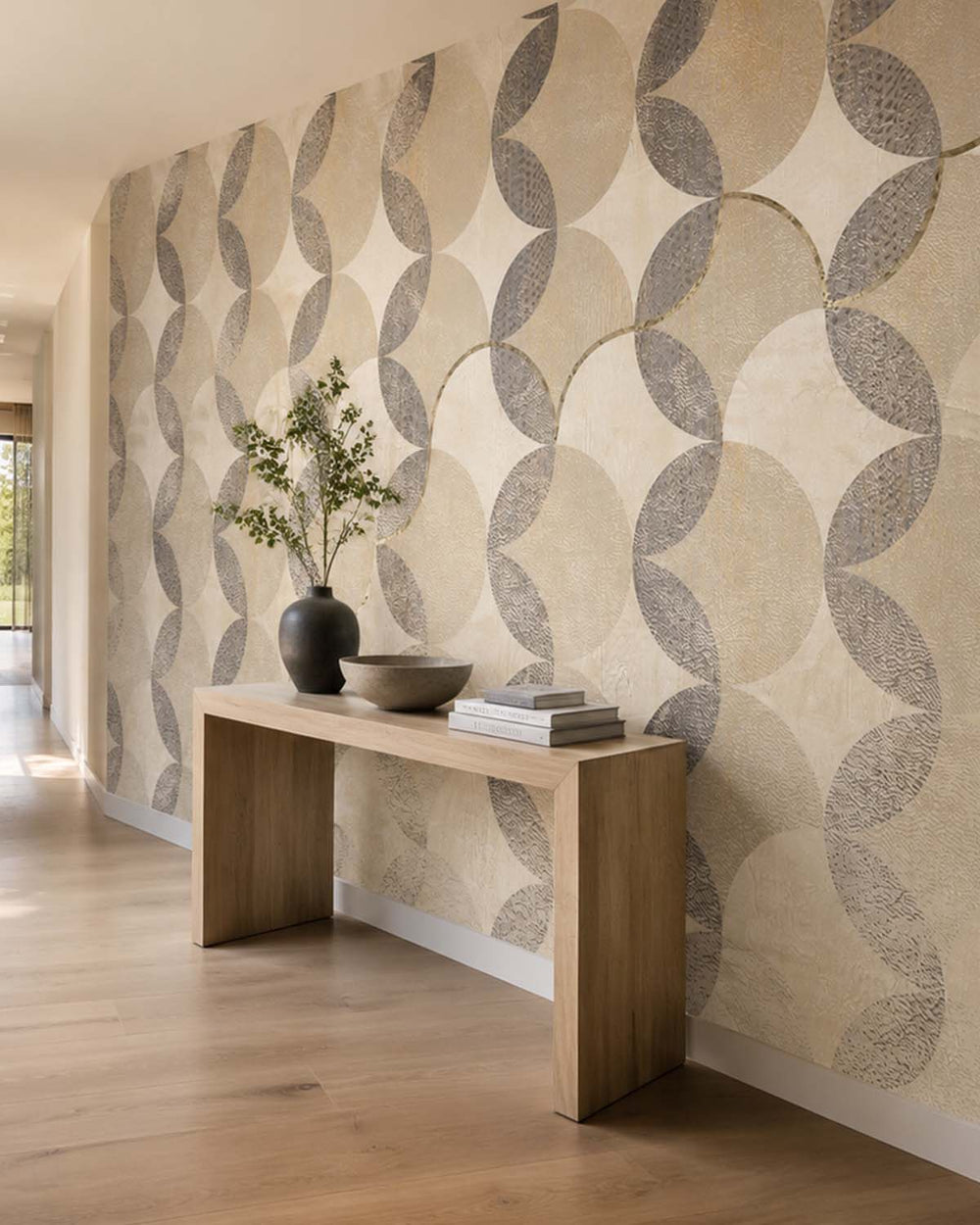 Elegant Ivory Distressed Geometric Arc Mural M2945