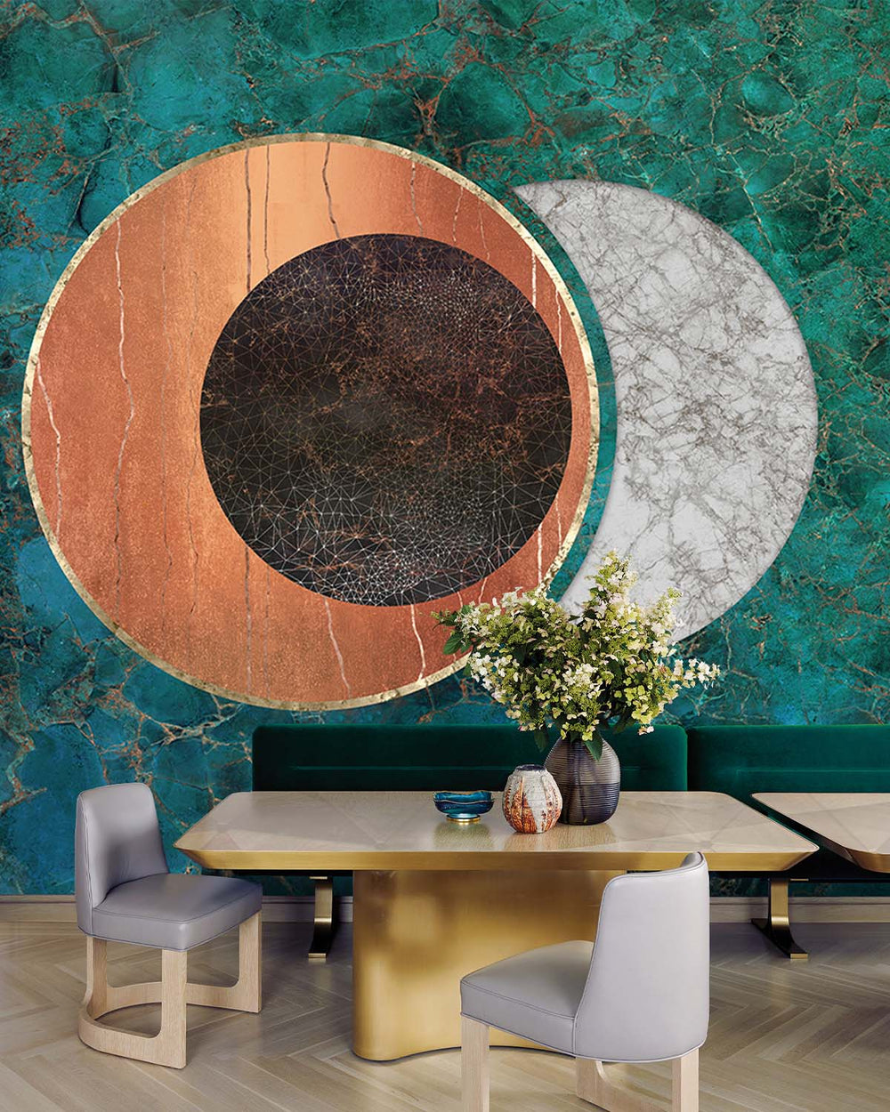 Porcelain Green Spherical Abstract on Marble Mural M2947- Sample