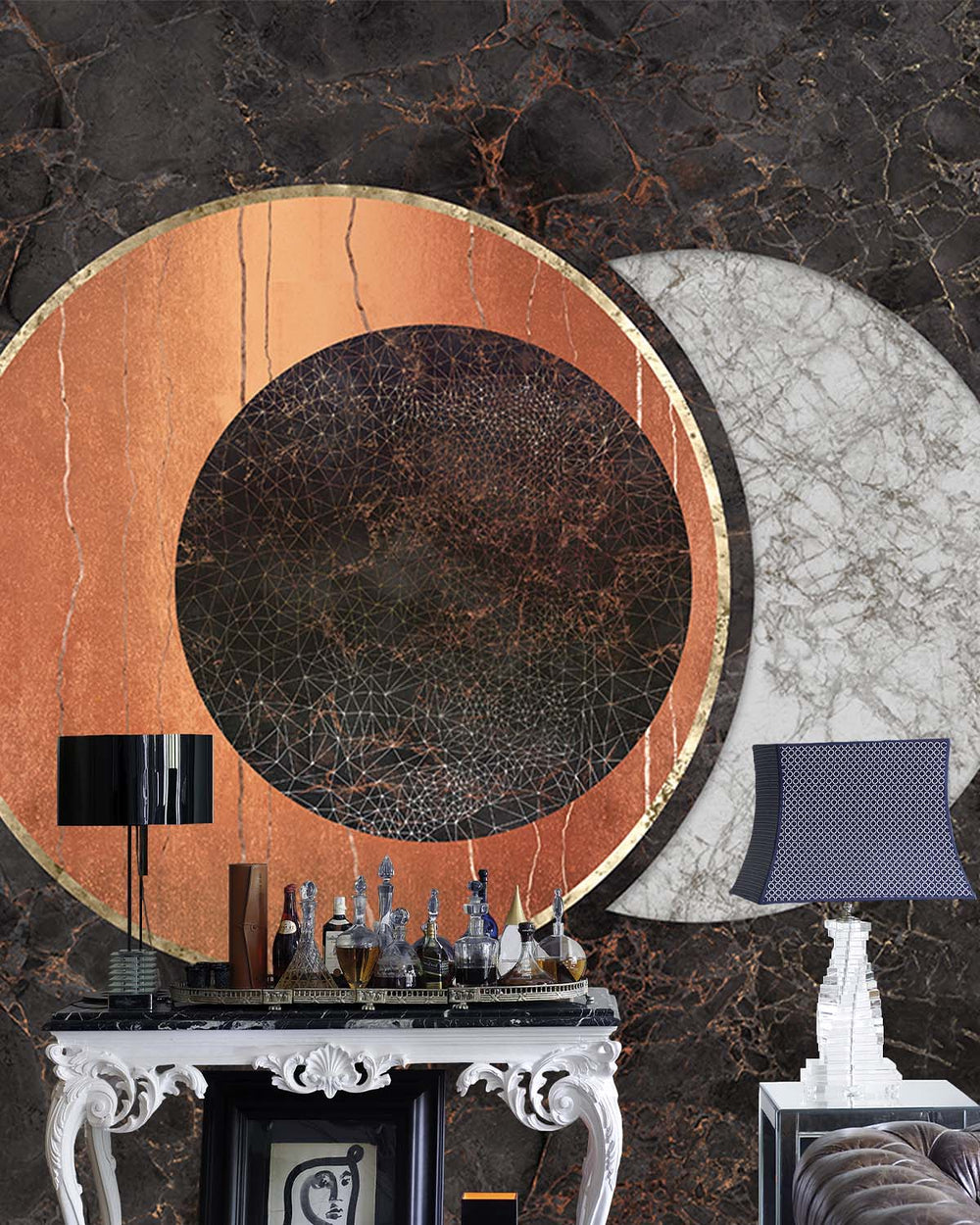 Blackish Brown Spherical Abstract on Marble Mural M2949- Sample