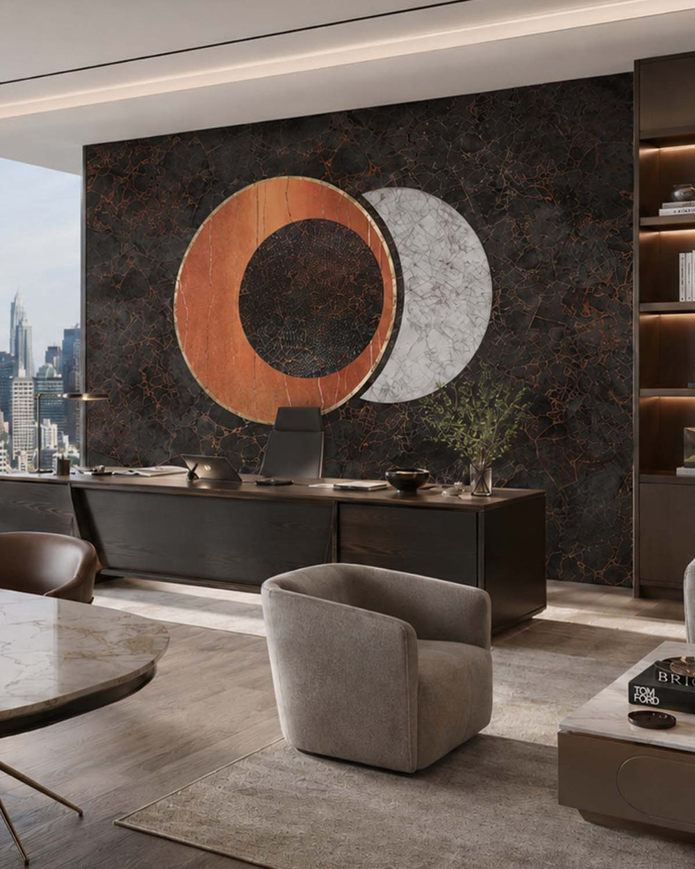 Blackish Brown Spherical Abstract on Marble Mural M2949