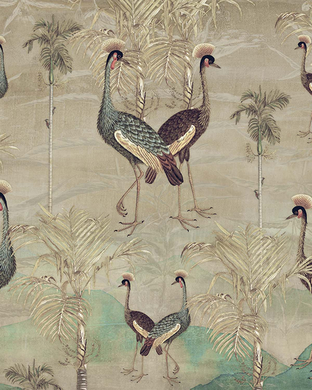 Heathered Grey Paired  Crowned Cranes Mural M2963- Sample