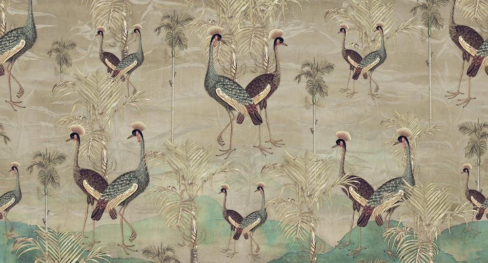 Heathered Grey Paired  Crowned Cranes Mural M2963