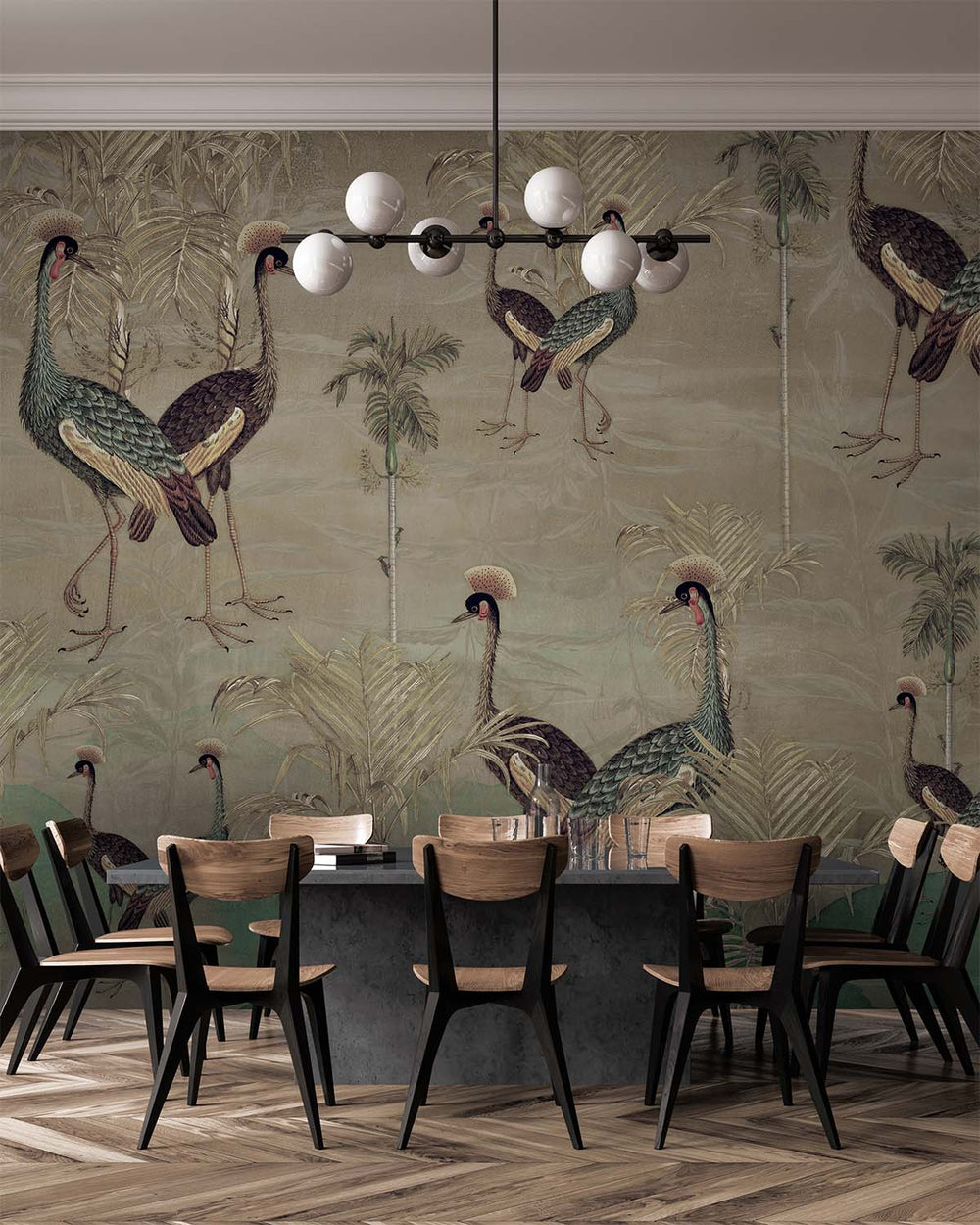 Heathered Grey Paired  Crowned Cranes Mural M2963