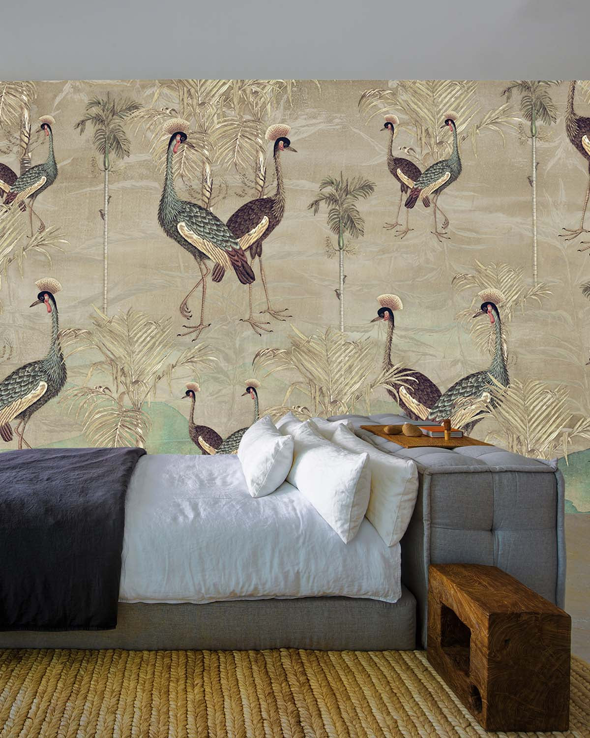 Heathered Grey Paired  Crowned Cranes Mural M2963
