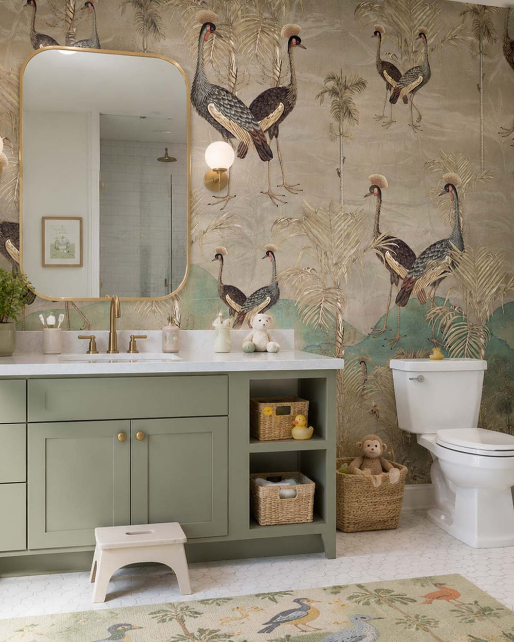 Heathered Grey Paired  Crowned Cranes Mural M2963