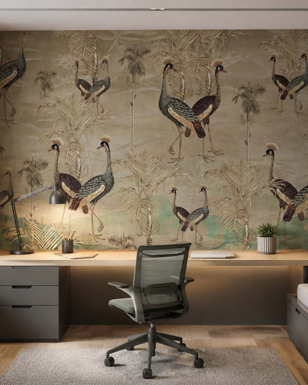 Heathered Grey Paired  Crowned Cranes Mural M2963
