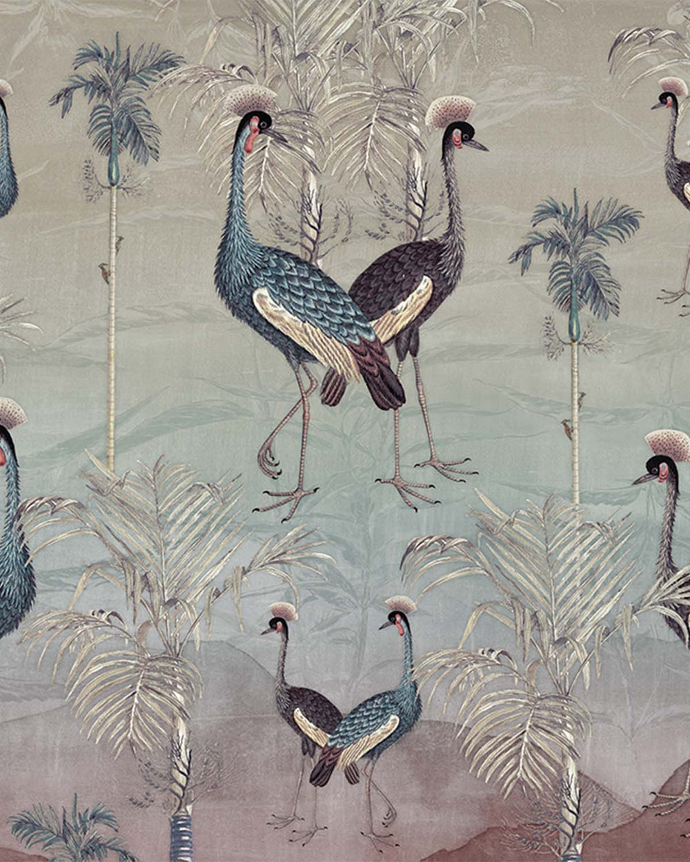 Light Drizzle Paired  Crowned Cranes Mural M2965
