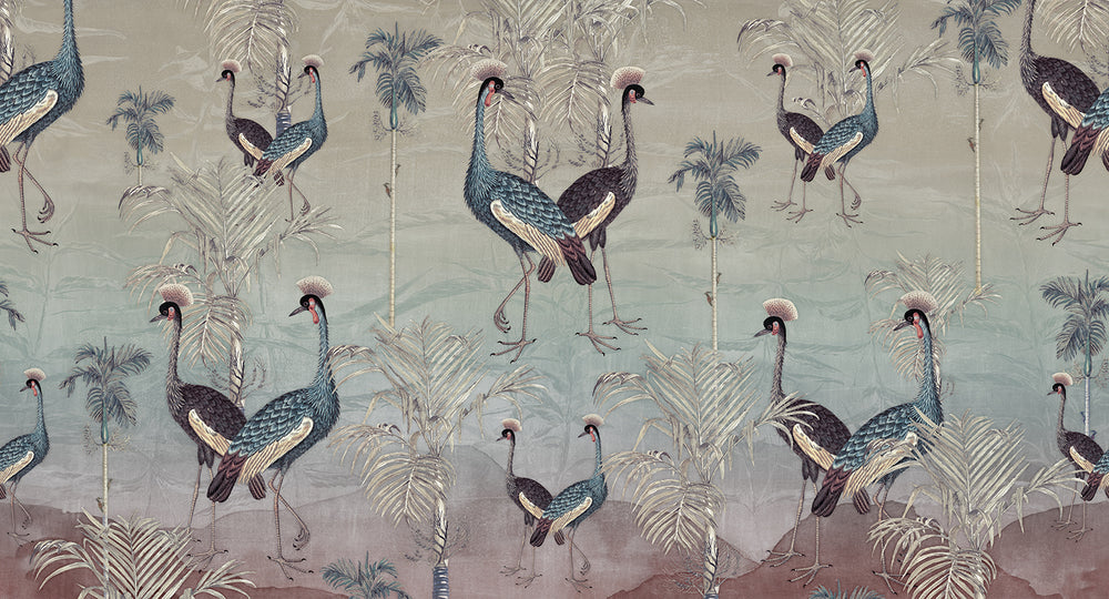 Light Drizzle Paired  Crowned Cranes Mural M2965