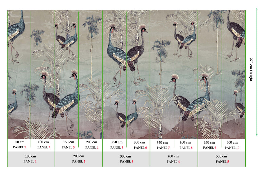 Light Drizzle Paired  Crowned Cranes Mural M2965