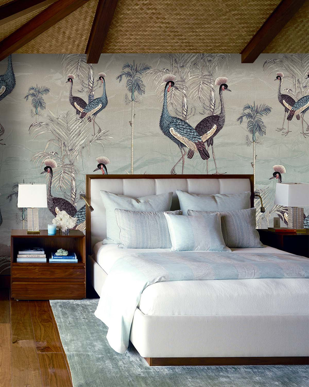 Light Drizzle Paired  Crowned Cranes Mural M2965