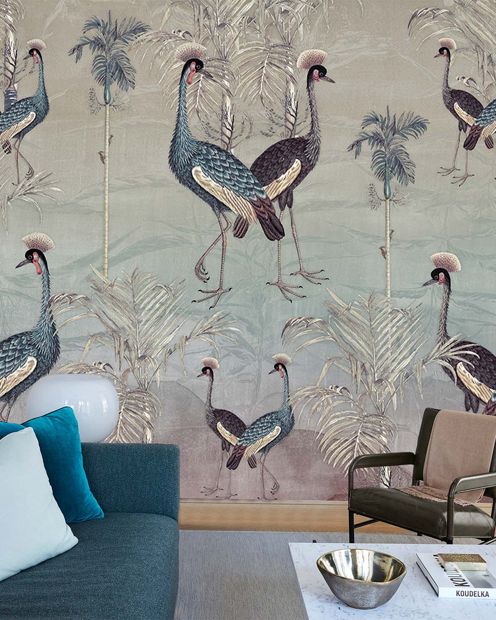 Light Drizzle Paired  Crowned Cranes Mural M2965