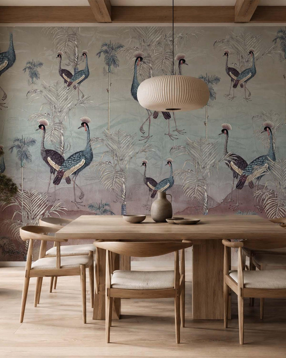 Light Drizzle Paired  Crowned Cranes Mural M2965