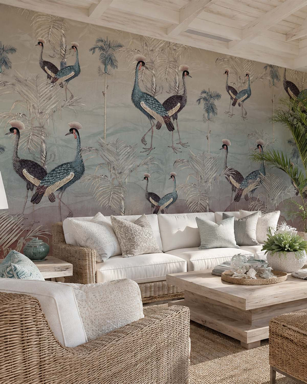 Light Drizzle Paired  Crowned Cranes Mural M2965
