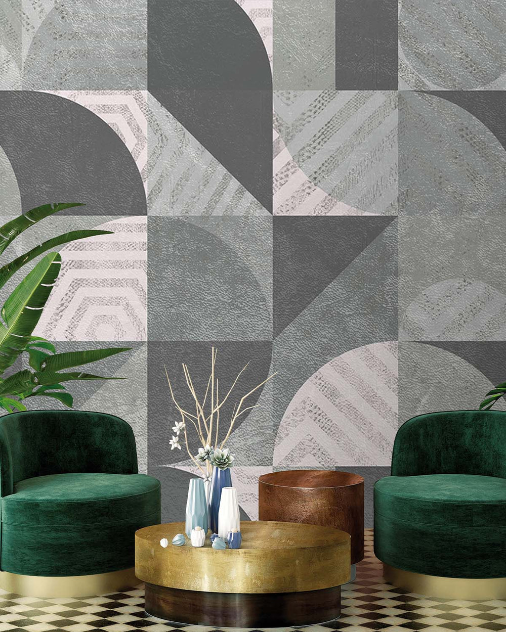 Dark Limestone Retro Abstract Geometry Mural M2971
