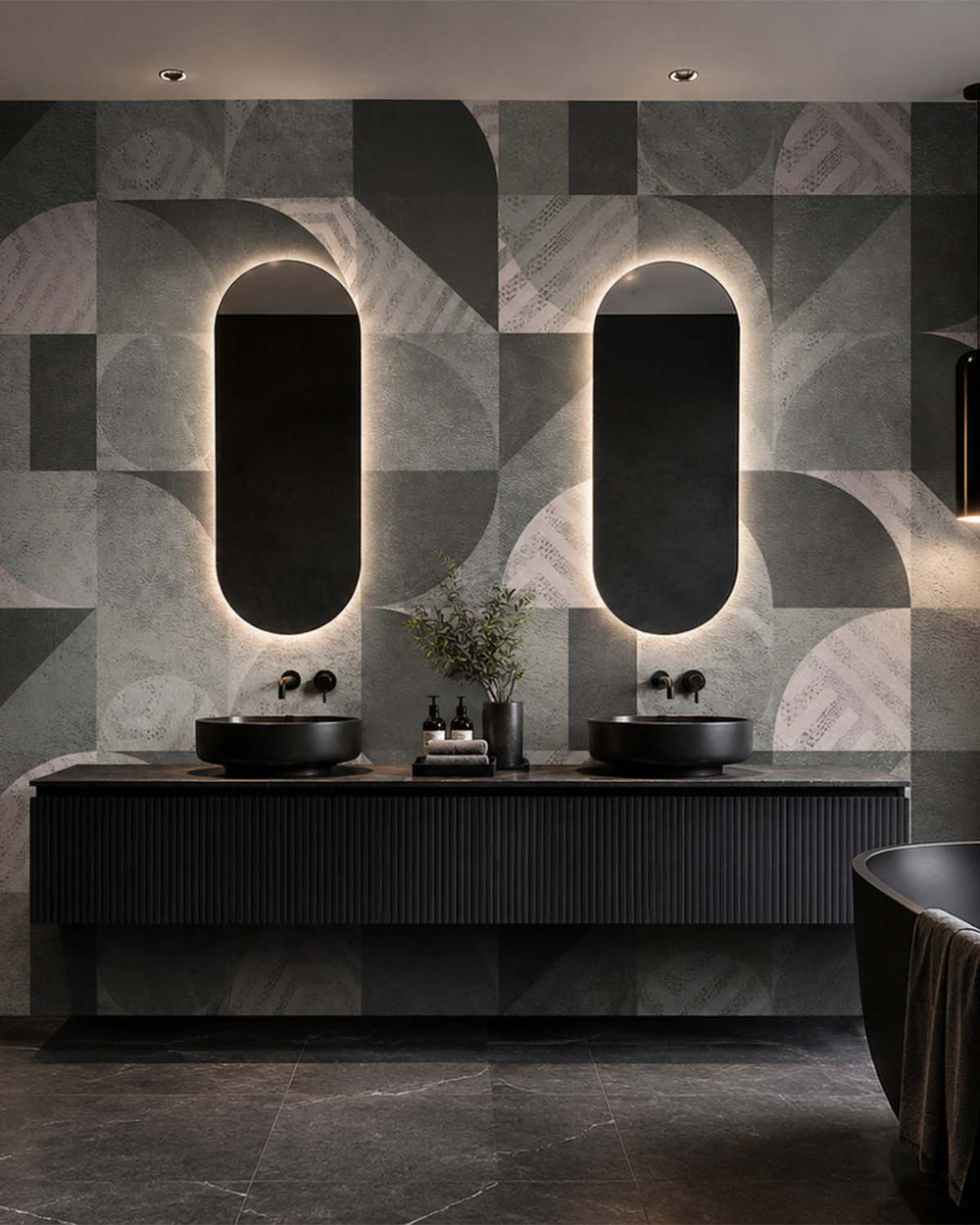 Dark Limestone Retro Abstract Geometry Mural M2971