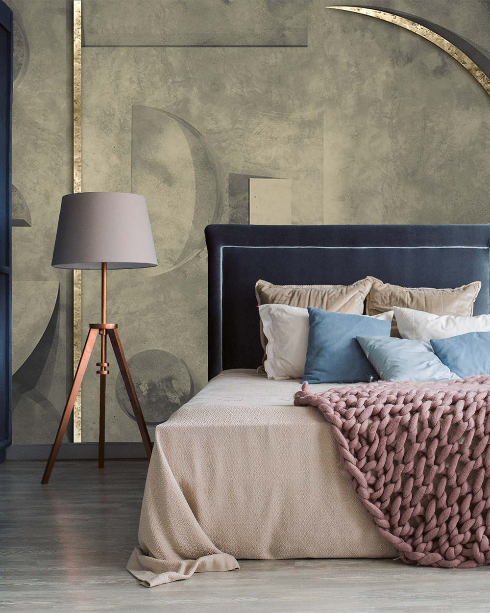 Voysey Grey Faux Concrete Crescent Mural M2983