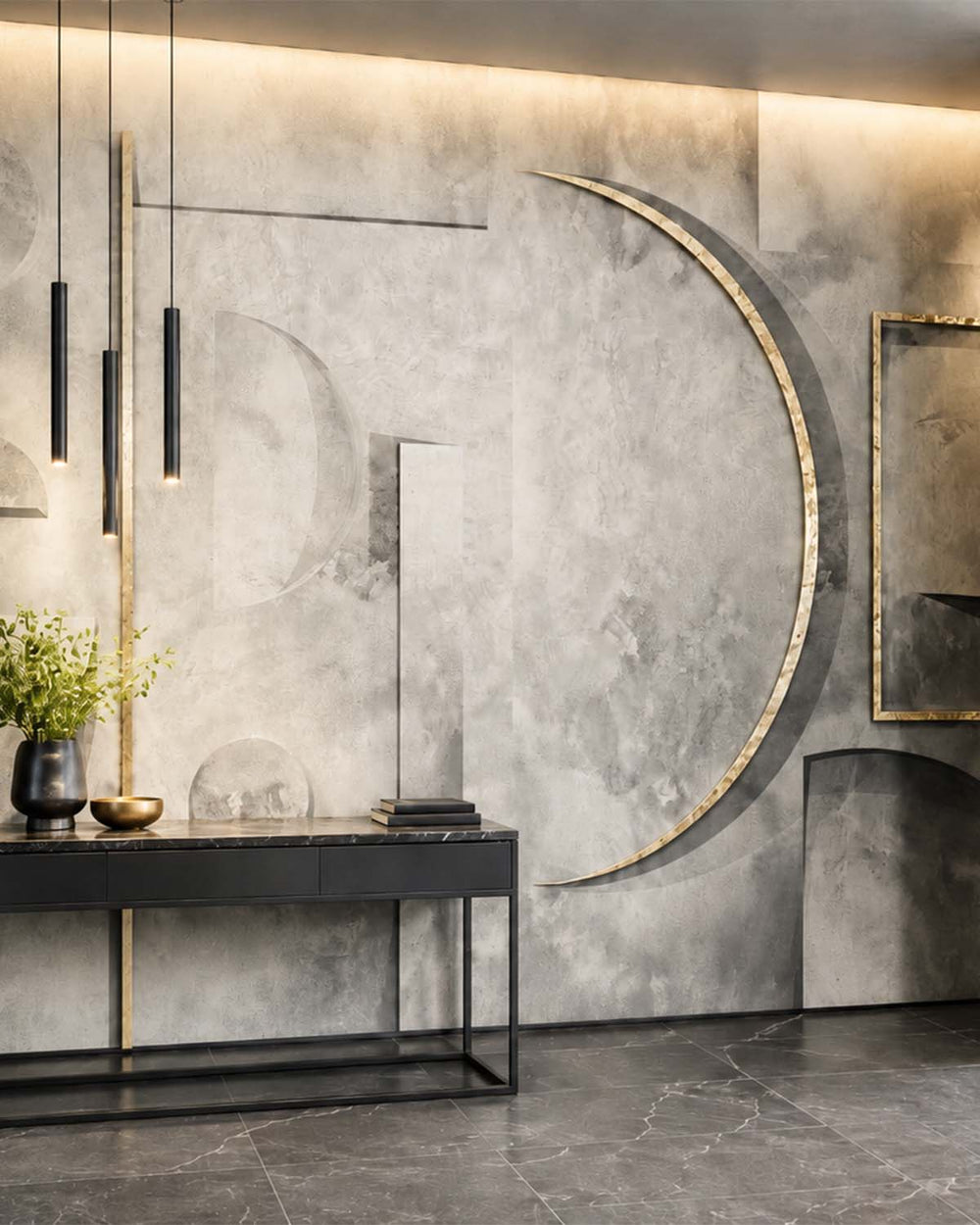 Voysey Grey Faux Concrete Crescent Mural M2983