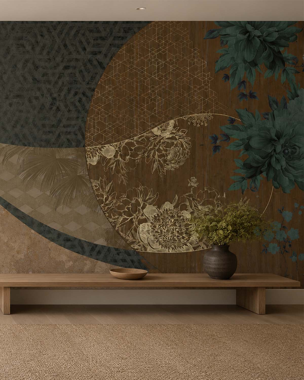 Woodlawn Green Overlapping Organic Curves Mural M2990 - Sample