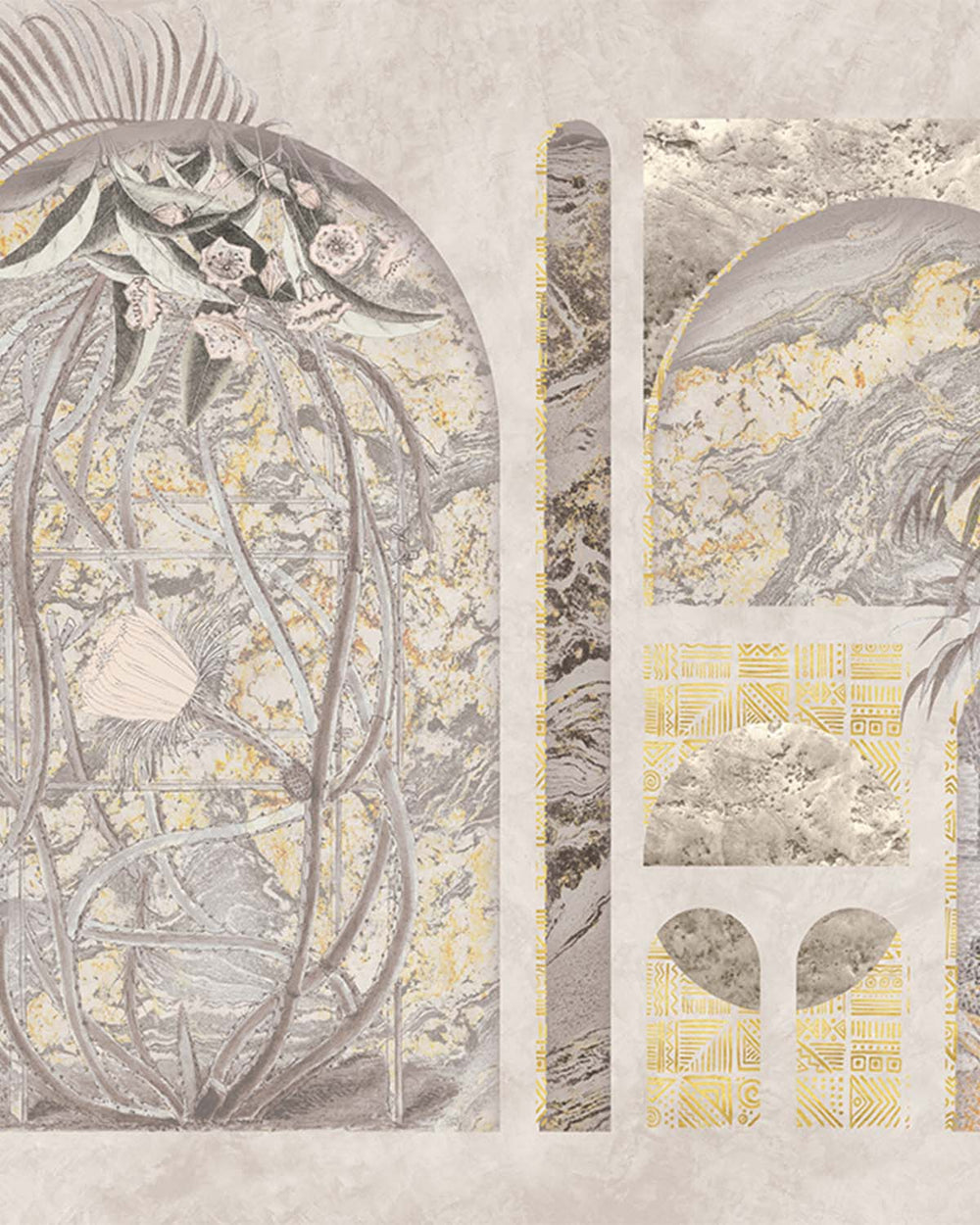 Thistle Grey Tropical Trompe L'oeil Mural M2995 - Sample