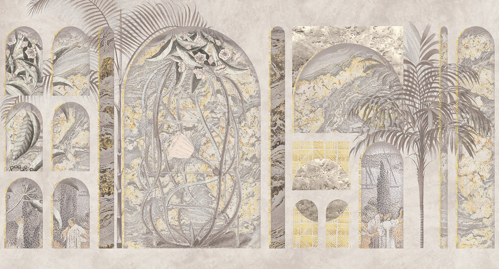 Thistle Grey Tropical Trompe L'oeil Mural M2995 - Sample