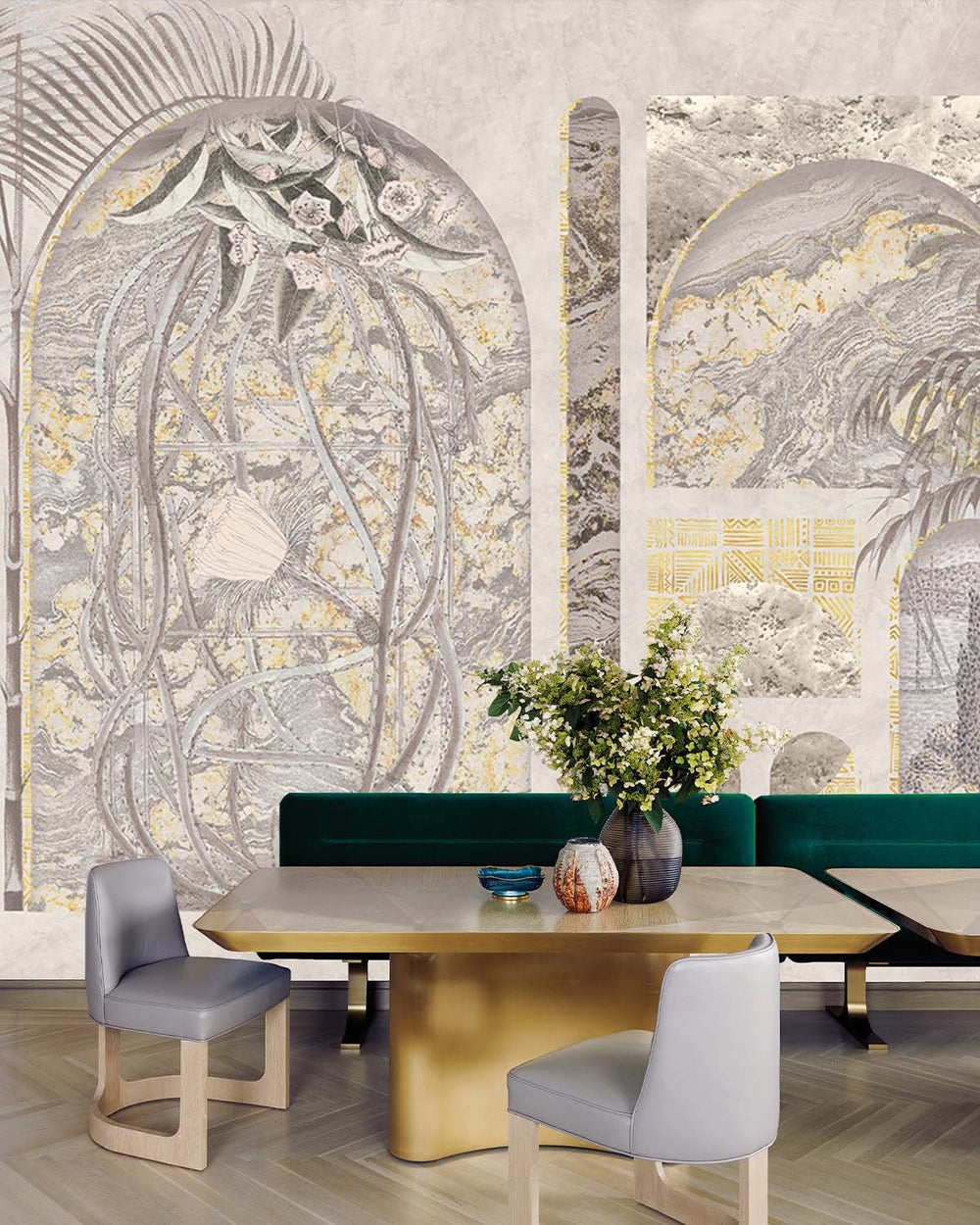Thistle Grey Tropical Trompe L'oeil Mural M2995 - Sample