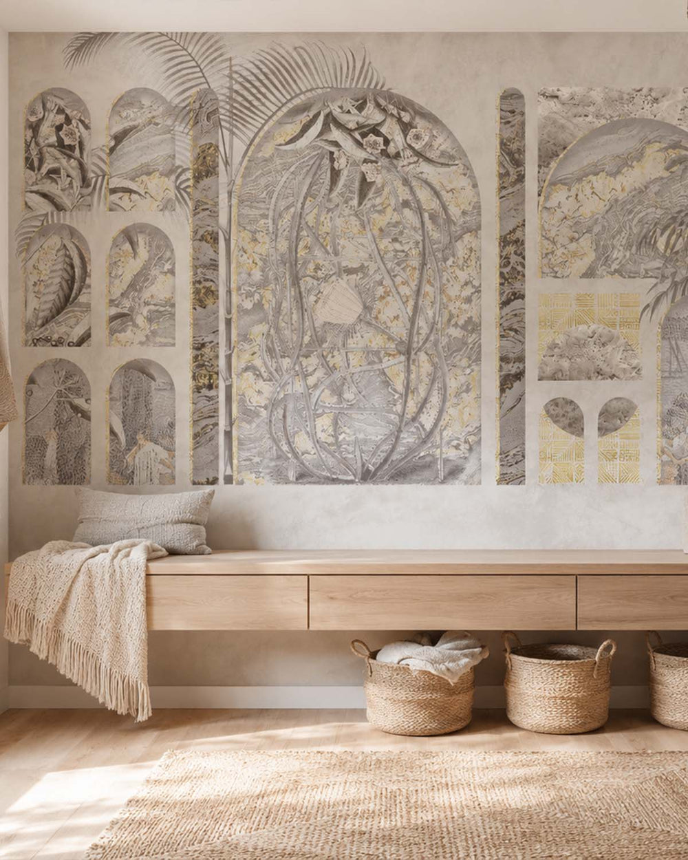 Thistle Grey Tropical Trompe L'oeil Mural M2995 - Sample