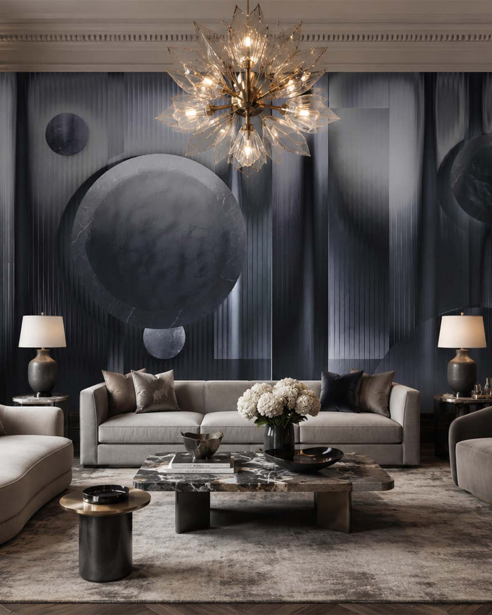 Blue Charcoal Abstract Geometric Cosmos Mural M2999