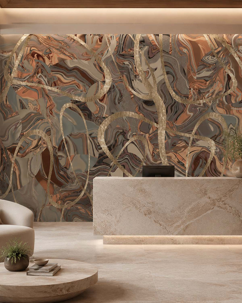 Brown Clay Swirling Marble Vein Mural M3006