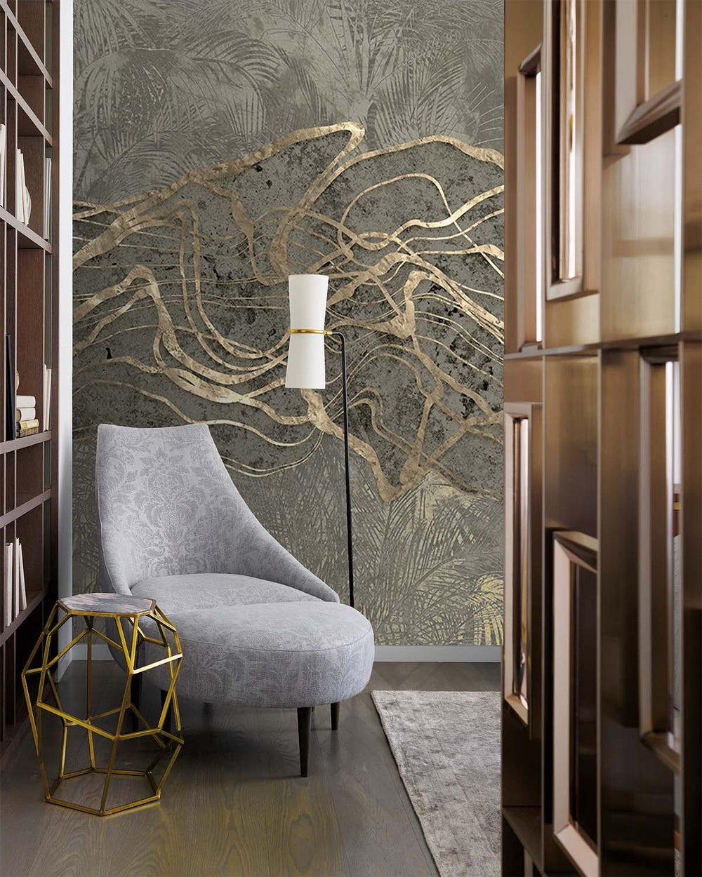 Pelican Gray Abstract Tropical Foliage Mural M3012