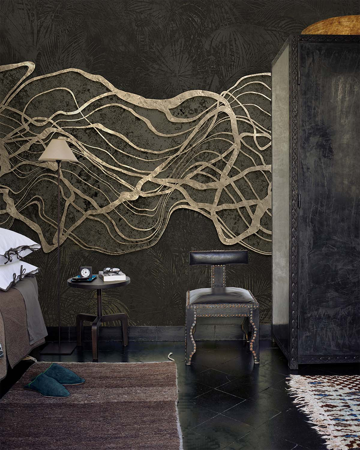 Maire Black Abstract Tropical Foliage Mural M3014