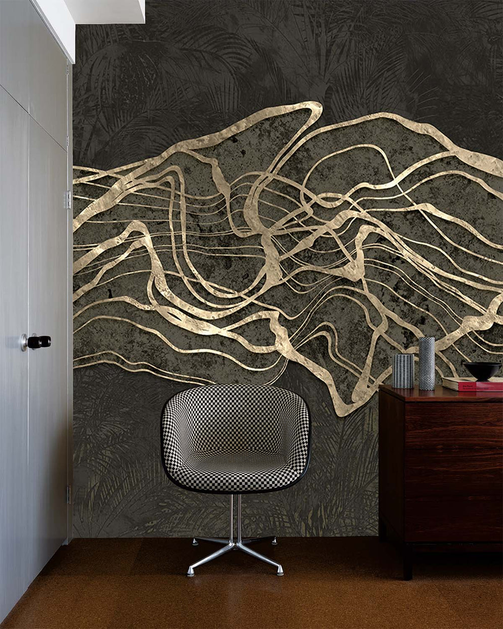 Maire Black Abstract Tropical Foliage Mural M3014