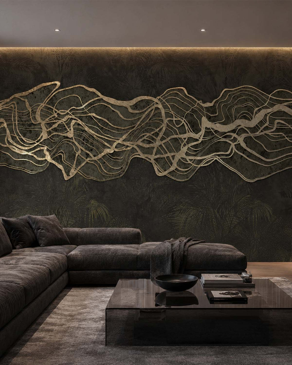 Maire Black Abstract Tropical Foliage Mural M3014