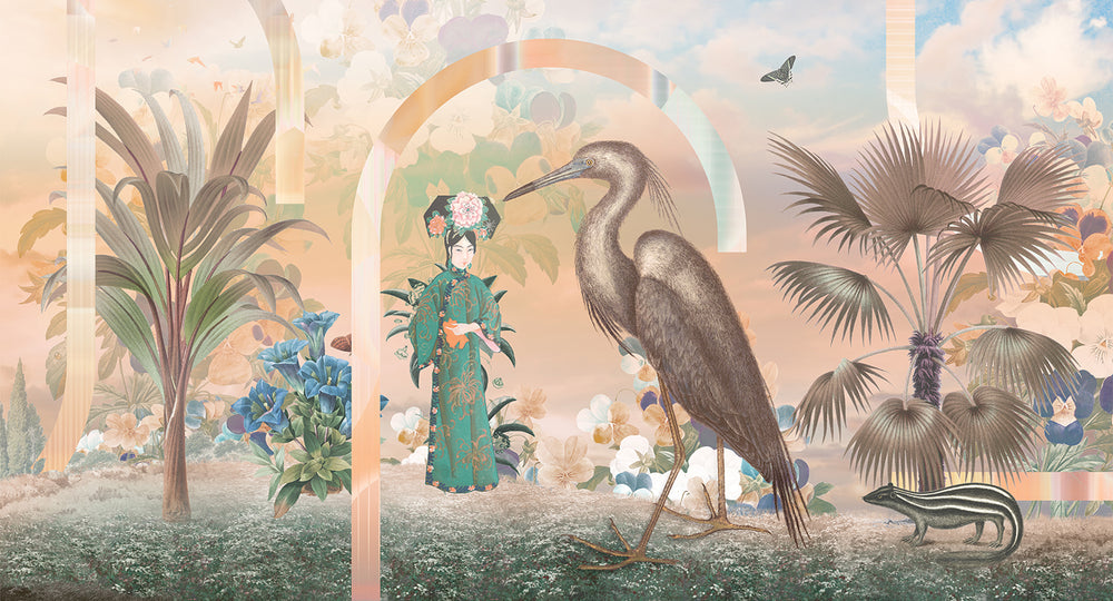 Seasonal Beige Art Deco Chinoiserie Mural M3039