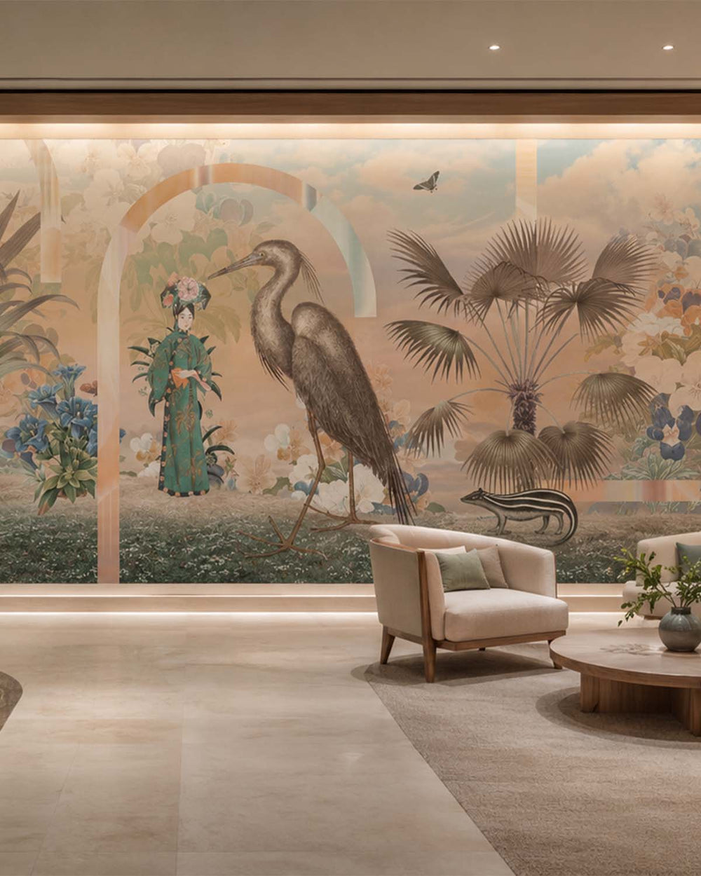Seasonal Beige Art Deco Chinoiserie Mural M3039 - Sample