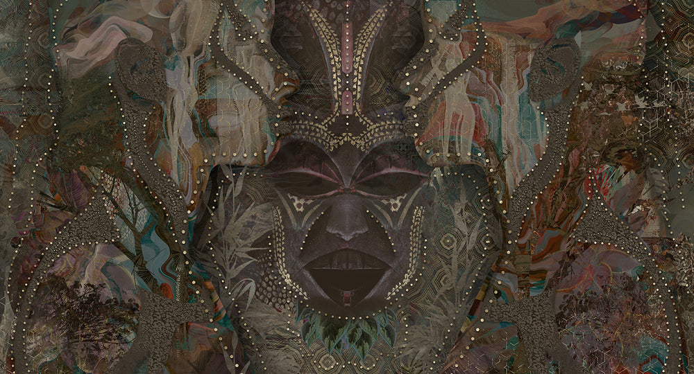 Kenpozome Black Abstract African Tribal Mask Mural M3066 - Sample