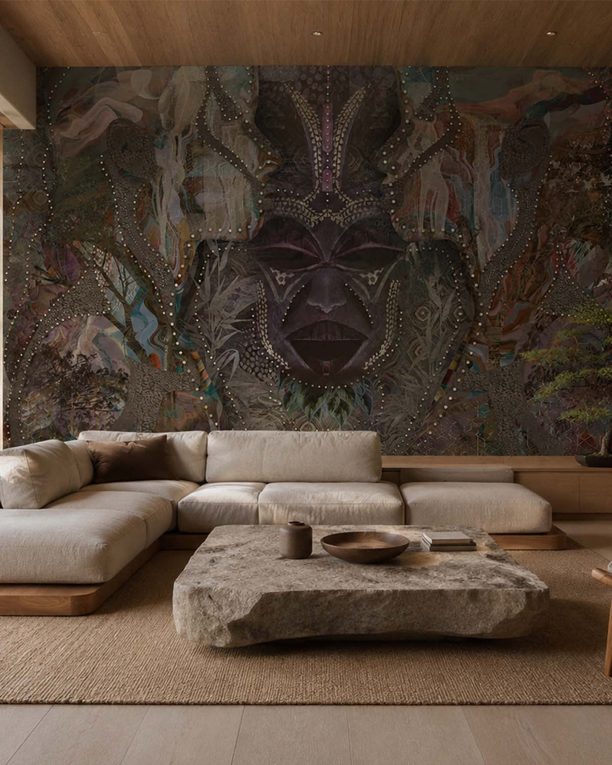 Kenpozome Black Abstract African Tribal Mask Mural M3066 - Sample