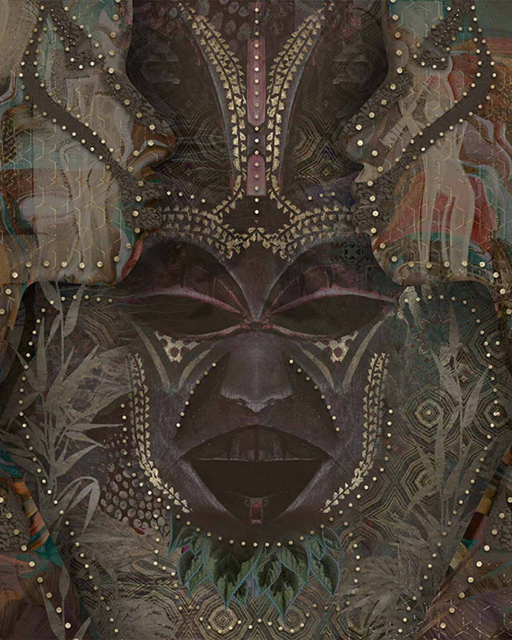 Kenpozome Black Abstract African Tribal Mask Mural M3066 - Sample
