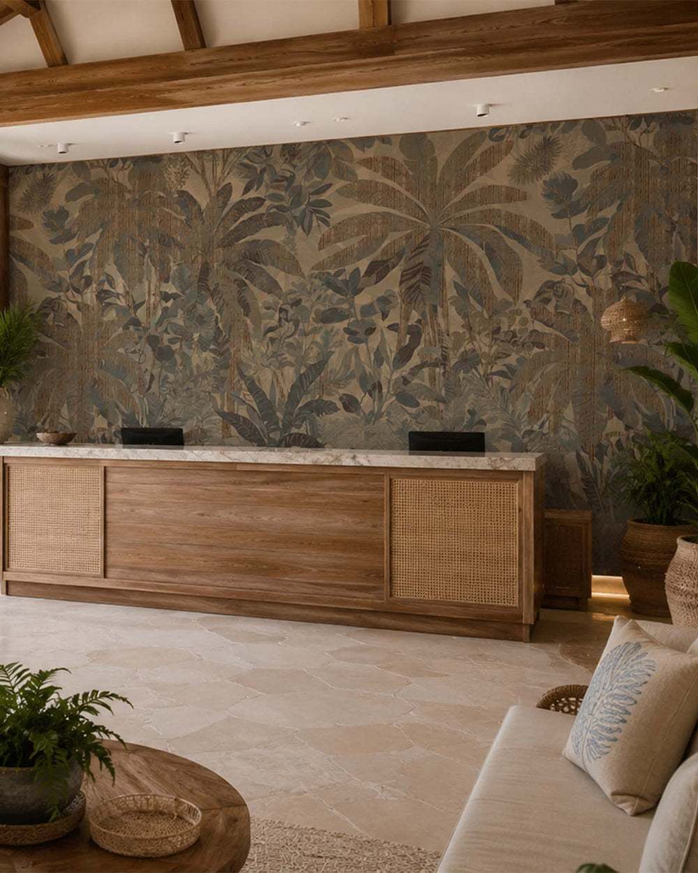 Charcoal Sketch Painterly Tropical Landscape Mural M3077
