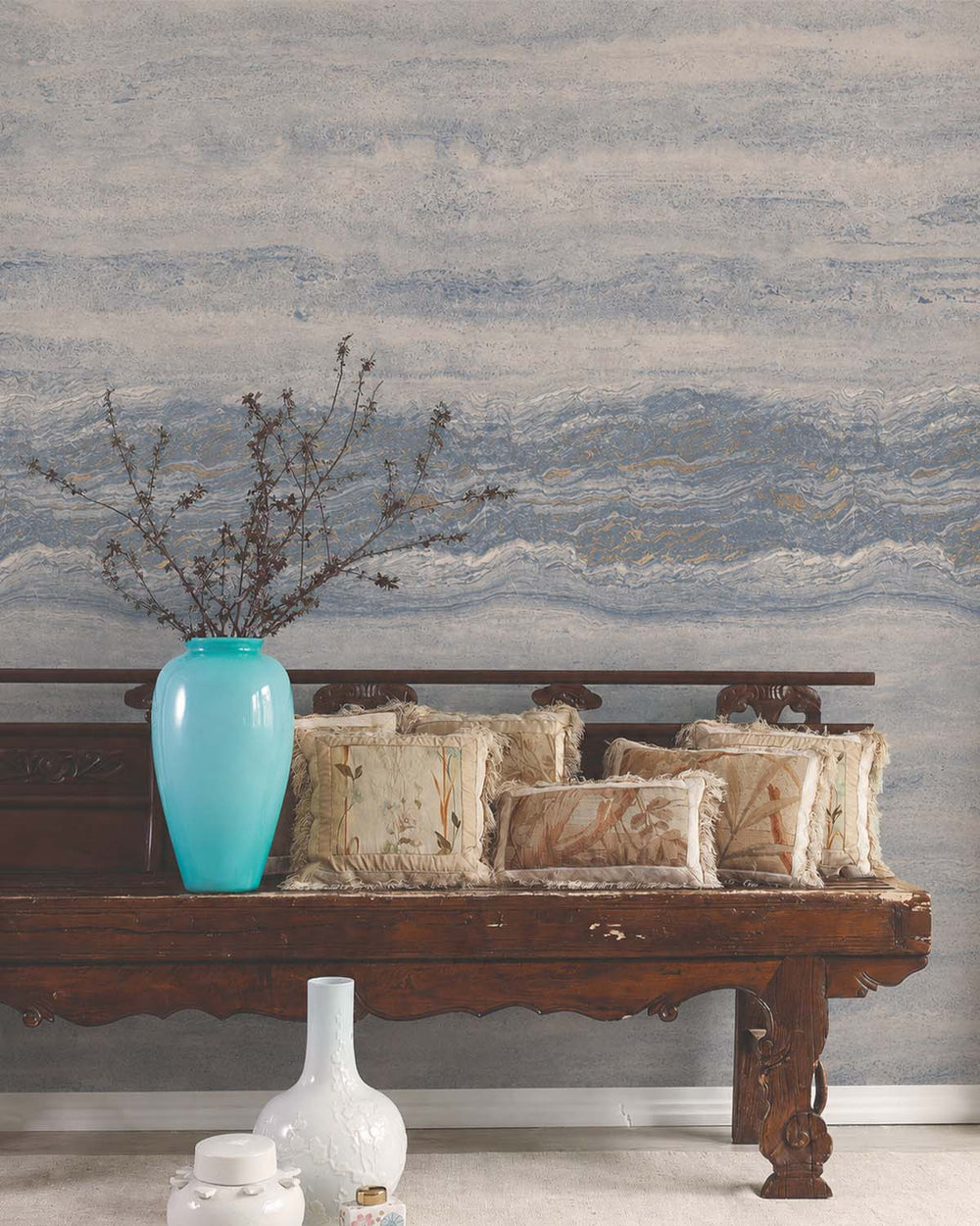 Steeple Grey Stratified Marble Stone Mural M3084