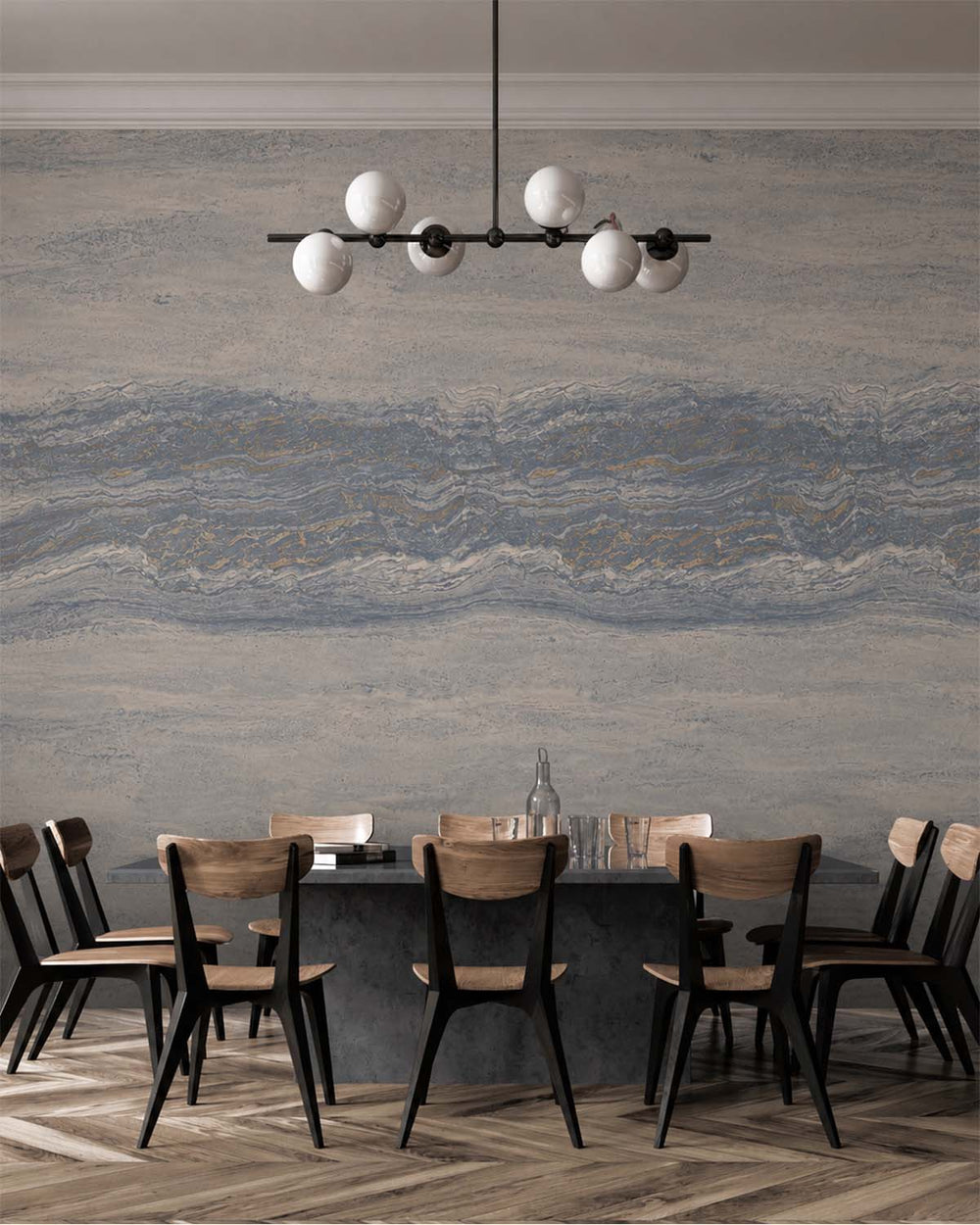 Steeple Grey Stratified Marble Stone Mural M3084