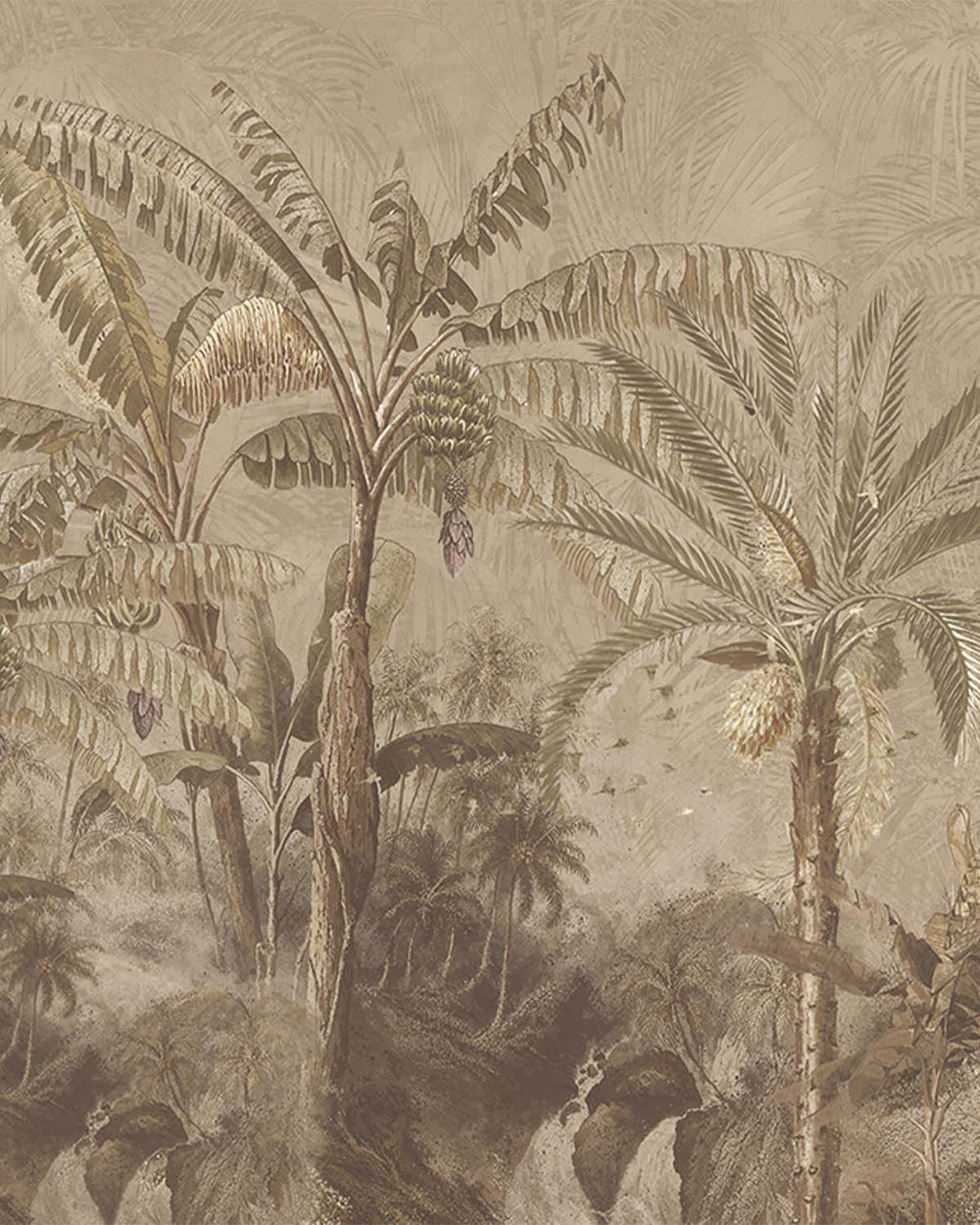 Greyish Brown Antique Botanical Jungle Scene Mural M3095