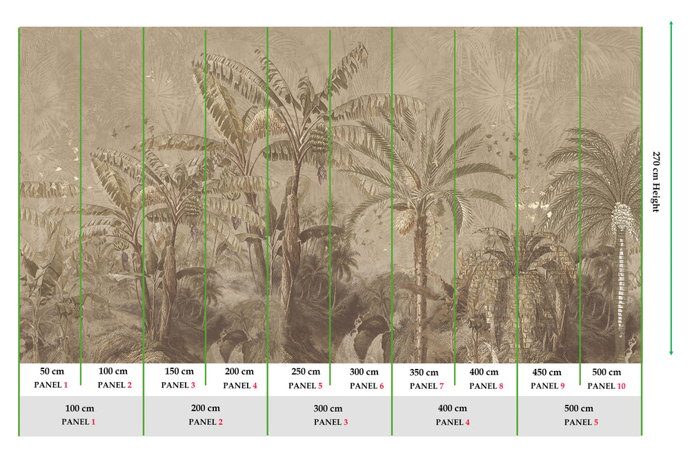 Greyish Brown Antique Botanical Jungle Scene Mural M3095