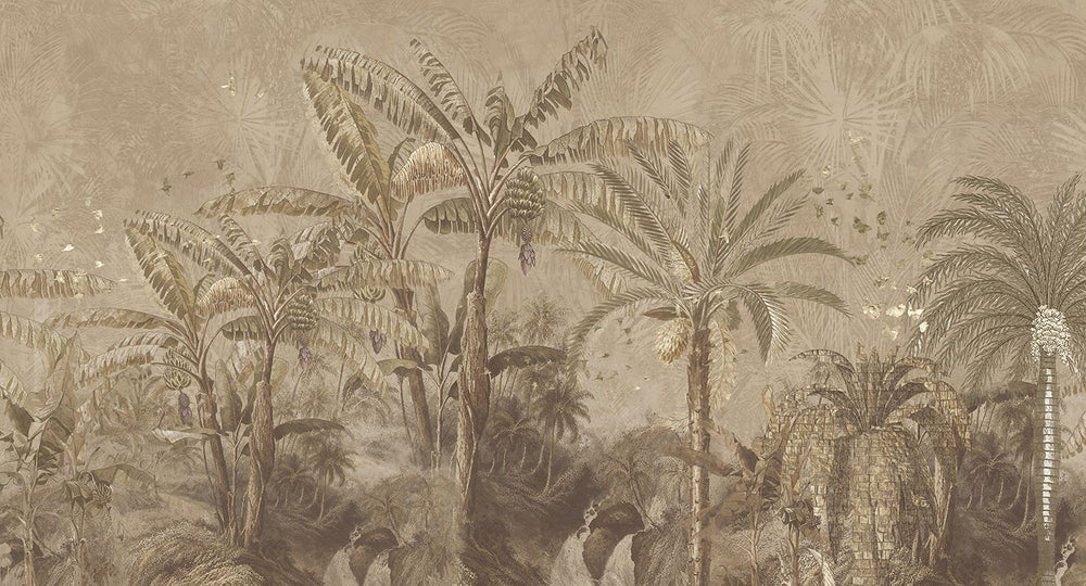 Greyish Brown Antique Botanical Jungle Scene Mural M3095