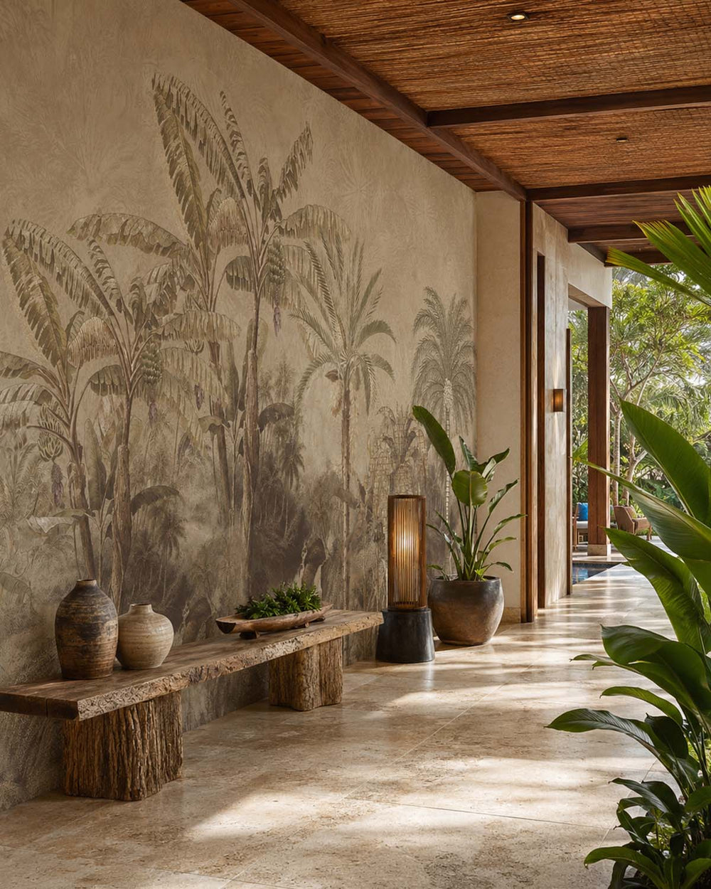 Greyish Brown Antique Botanical Jungle Scene Mural M3095
