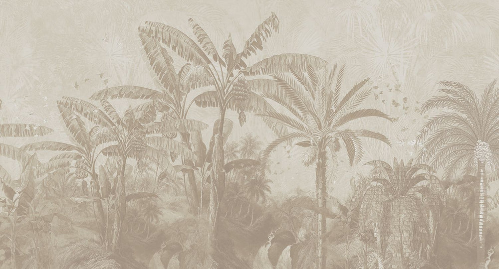 Oyster Grey Antique Botanical Jungle Scene Mural M3096
